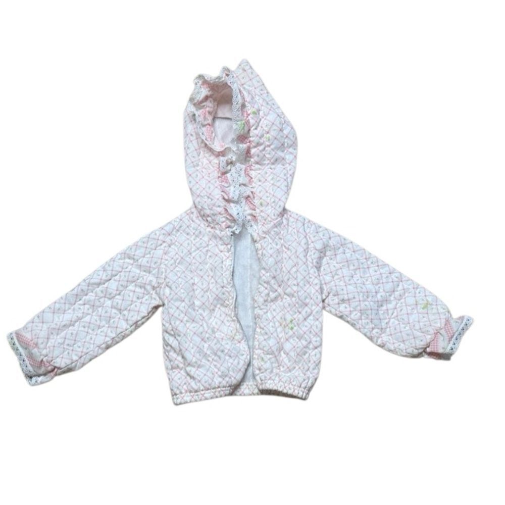 70s vintage Doe Spun quilted hoodie jacket white with pink rose print 6-9 month
